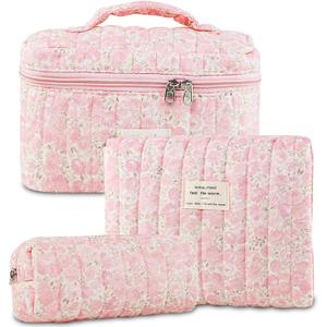 3Pcs Quilted Makeup Bag for Women, Large Travel Makeup Bag Set, Cute Aesthetic Cosmetic Bags, Floral Cotton Makeup Pouch Coquette Toiletry Organizer Bag (Pink rose)