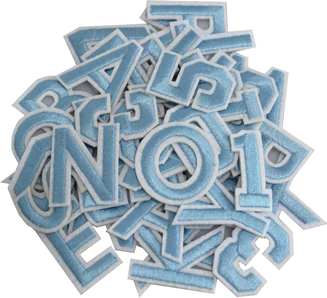 GYGYL 72 Pieces Iron on Letters and Numbers Patches, Light Blue Letter Patches Alphabet Embroidered Patch A-Z, Numbers 0-9 Applique for Clothes, Dress, Hat, Socks, Jeans, DIY Accessories