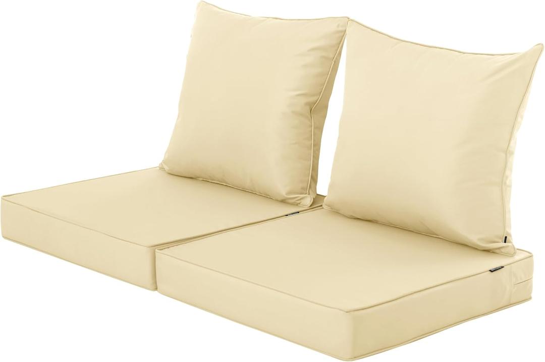 Outdoor Cushions for Patio Furniture, Fade Resistant Waterproof Deep Seat and Backrest Cushion Set for Chair Couch Swing, 24x24 Inch, Beige, Set of 2