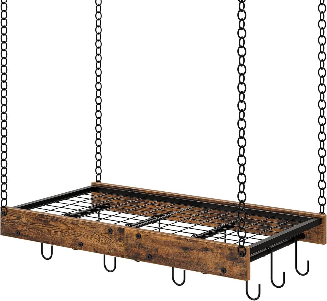 Hanging Pot Rack, Vintage Pot Hangers for Kitchen, Ceiling Mounted Pot Rack, Pot and Pan Hanging Rack with 12 S-Shaped Hooks, for Cookware Storage, Rustic Brown and Black TPR01BF