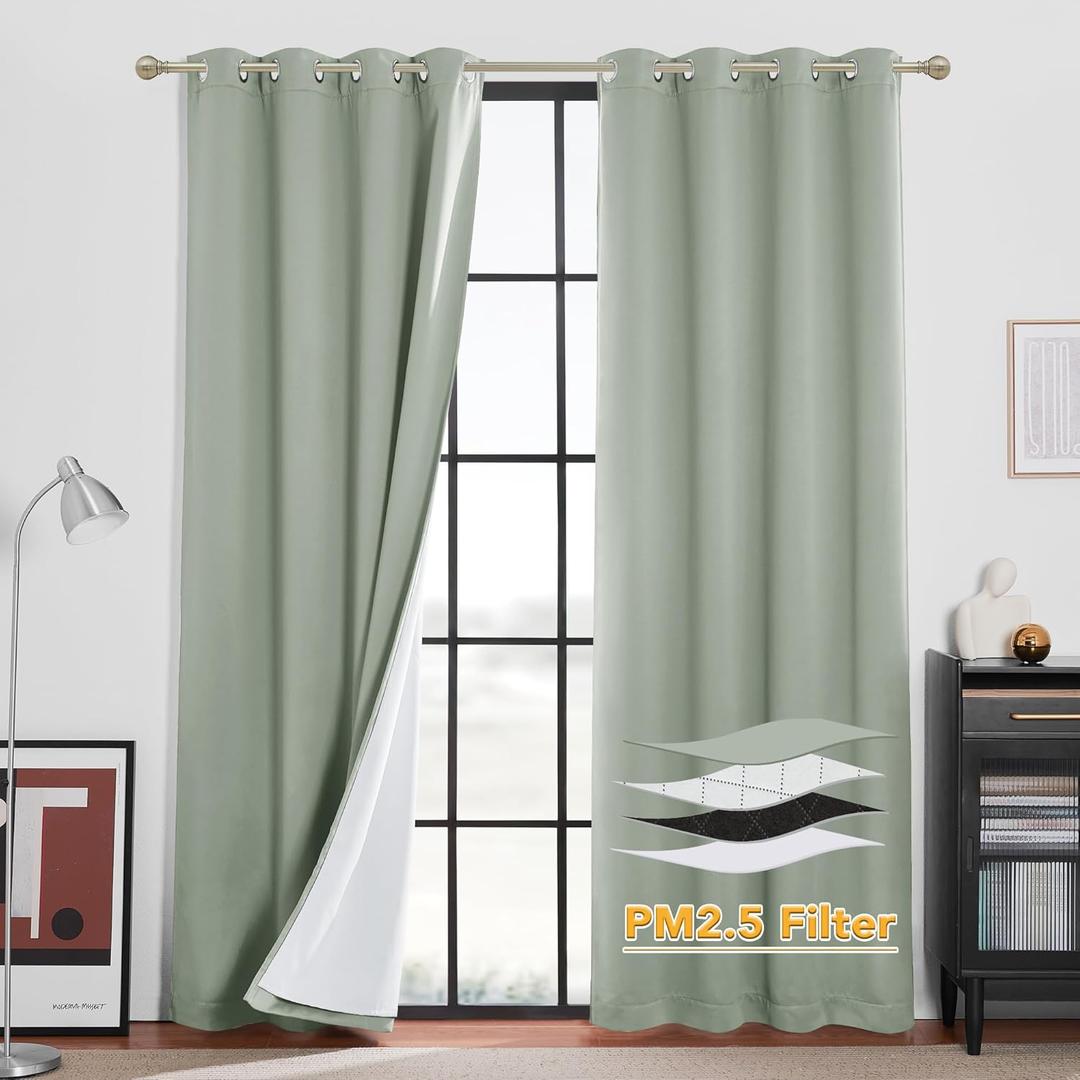 RYB HOME 4-in-1 Dust Filtering Soundproof Blackout Insulating Privacy Window Curtains for Nursery Bedroom Living Room Rivider Sound Absorption Sheet, Sage Green, W52 x L95 inch, 2 Panels