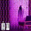 echosari Halloween Curtain Lights Battery Operated, 300 LED Purple Orange Fairy Curtain Lights 9.8Ft x 9.8Ft Hanging Lights with Remote Timer for Party Garden Yard Decor