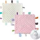 CREVENT Tag Security Blankets for Babies, Soft Small Loveys for Girls, Baby Comforter Sensory Blanket, Great Gifts for Birthday Baby Shower 10"X10" (Ivory,Pink)
