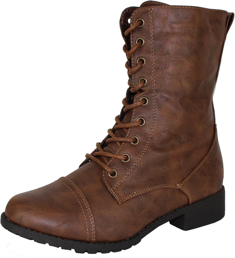 Forever Link Women's Round Toe Military Lace Up Knit Ankle Cuff Low Heel Combat Boots, 8.5