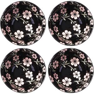 Japanese Style Rice Bowl Set of 4 Ceramic Cereal Bowls for Soup Snack Oat (4, Black Sakura)