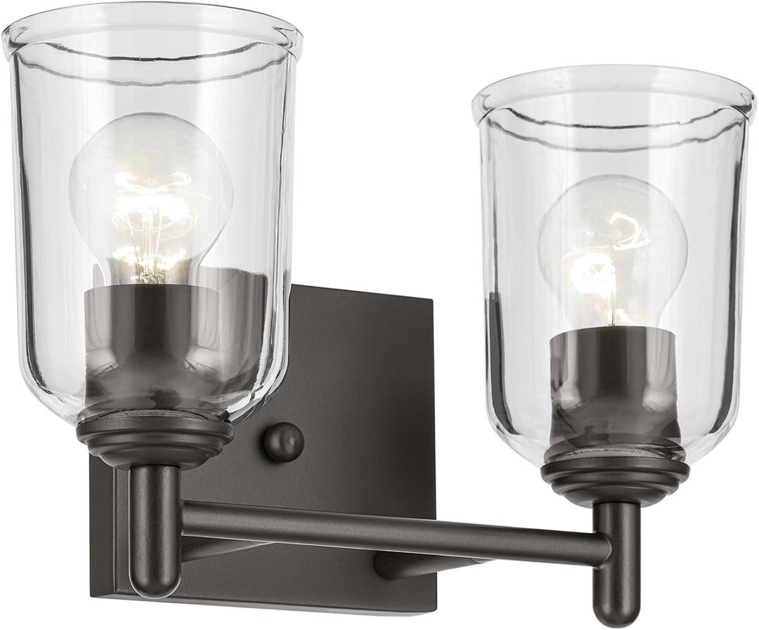 KICHLER Shailene 12.5" 2-Light Vanity Light with Clear Glass in Olde Bronze, Use as Single or in Multiple, for Vanities, (12.5" x 8.25"), 45573OZCLR