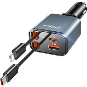 Coolpow Retractable Car Charger Adapter4 in 1 Fast ChargingRetractable Car Charger USB C Car Phone Charger USB C Cigarette Lighter Charger Adapter Car Charging Block Cube for iPhone 17 Pro Max 16 15 (Gray)