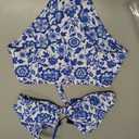 ZAFUL High Waisted Bikini Sets for Women Texture Push Up 2 Piece Swimsuit Knot Front V Neck Bathing Suit Brazilian Cheeky Bottom Blue Floral M