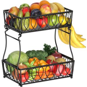 2-Tier Countertop Fruit Basket Bread Bowl for Kitchen, Vegetable Potato Onion Storage Wire Basket, 13.8-Inch, Black