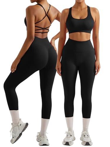 SS Women Ribbed Workout Sets Seamless Strappy Sport Bra Butt Lifting Leggings Outfits(Small,04-Black)