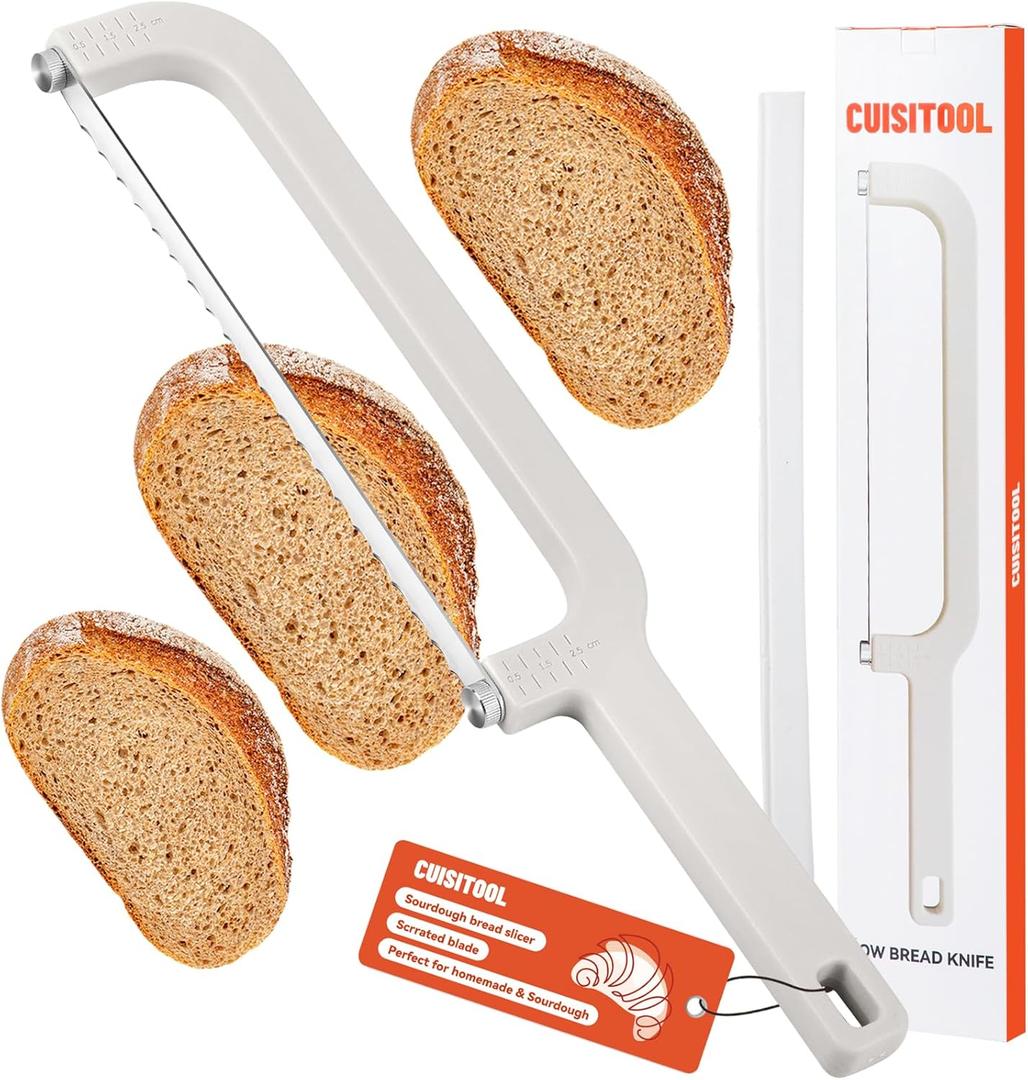 Adjustable Bread Slicer for Homemade Bread, Upgrade Food-Grade Plastic Bread Knife with Thickness, Dishwasher Safe, Bow Design Easy to Cutting Even Slices for Sourdough, Baguettes and More