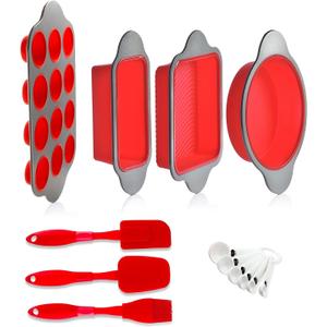 Boxiki Kitchen 13-Piece Non-Stick Silicone Bakeware Set with Cake Pan, Brownie Pan, Loaf Pan, Muffin Mold, Spatulas, Brush, and Measuring Spoons - Oven, Freezer and Dishwasher Safe