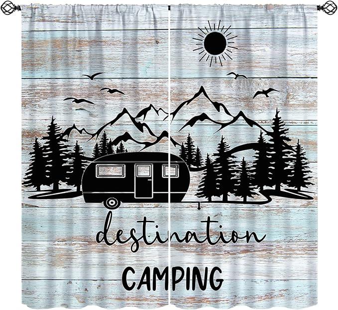 Happy Camper Blackout Window Curtain, Vintage Farmhouse Travel Trailers Camping Theme Curtains for Bedroom Living Room 52" W X 84" L