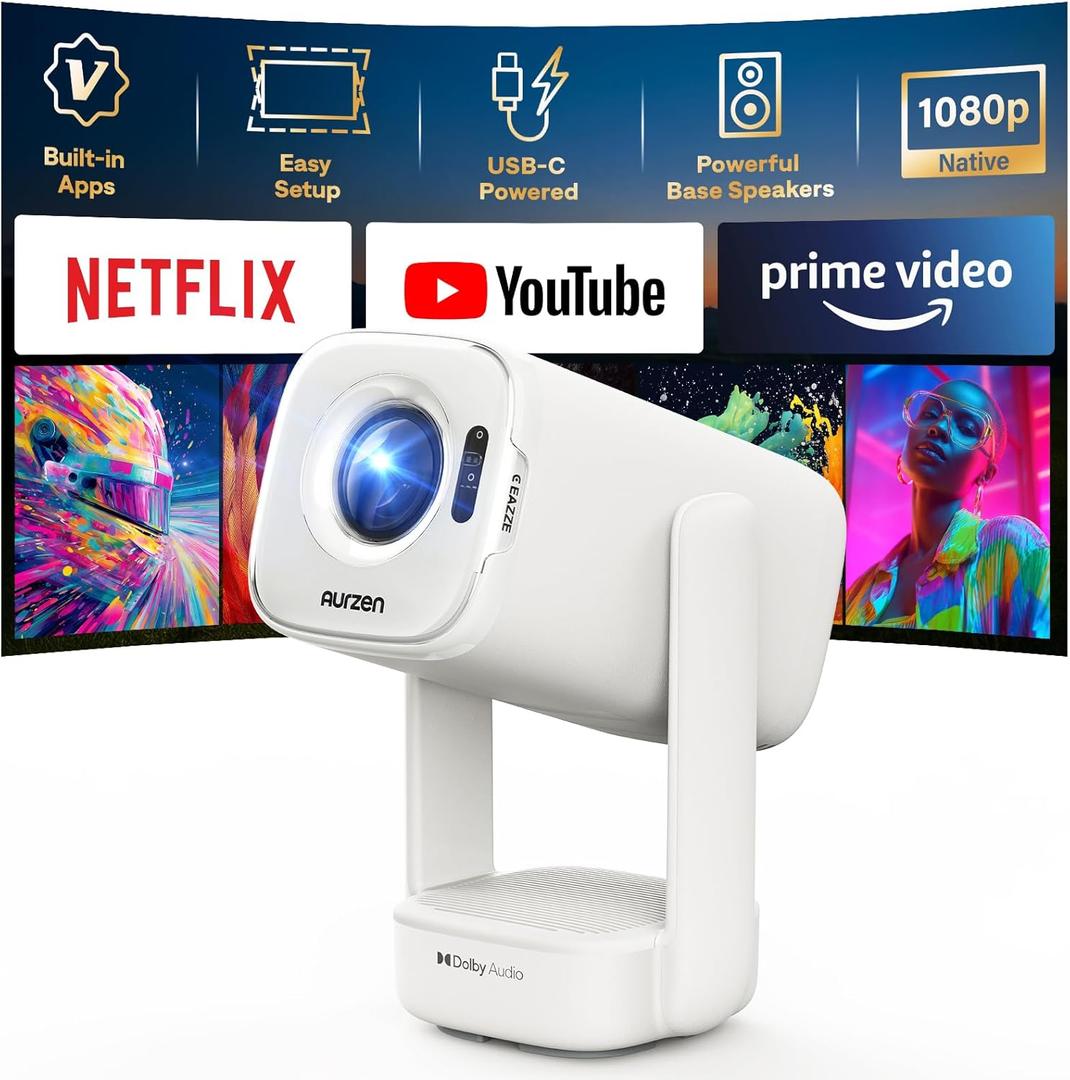 Aurzen D1 air Smart Portable Projector with WiFi and Bluetooth, USB-C Powered, Easy Auto Setup, 16W Dolby Audio, Built-in Apps, Native 1080P HDR10, Outdoor Movie Projector 4K Supported, White