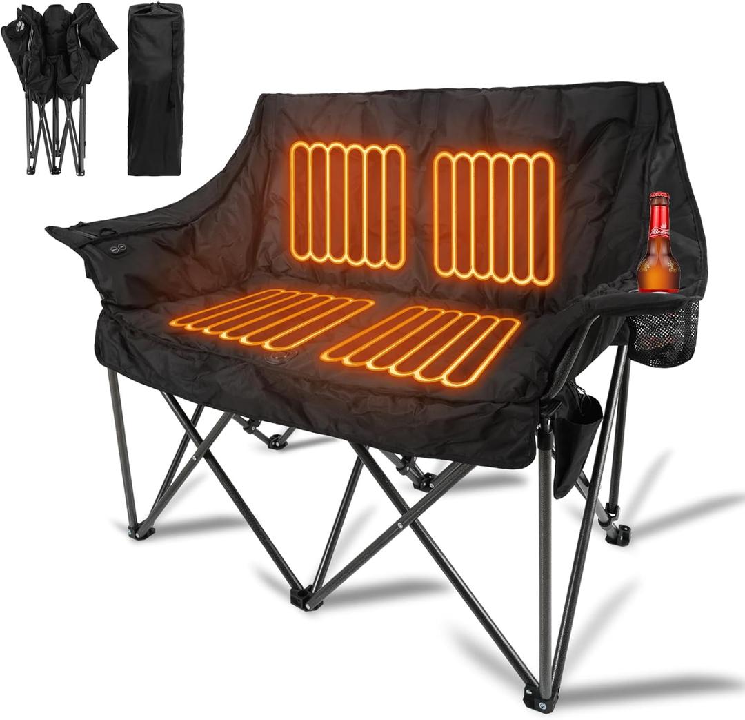 Double Heated Camping Chair, Fully Padded Loveseat Camping Chair w/ 1x Cup Holder, 1x Ice Bag, 2 Person Camping Couch Heated for Outdoor, Sports, Patio, Supports 600lbs, Black, No Power Bank
