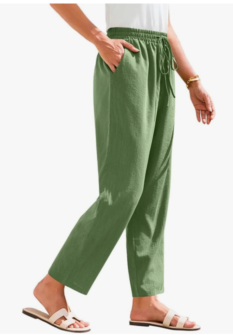 Linen Pants for Women Petite Beach High Waist Cropped Capris Elastic Tapered Ankle Drawstring Pants with Pockets, Size:S