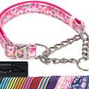 Reflective Martingale Dog Collar with Soft Padded, Adjustable Heavy Duty Choke Steel Chain Big Dog Training, Walking, Hunting Collar for All Breeds (Pink Flowers M) (M(Neck12"-17"), 2)