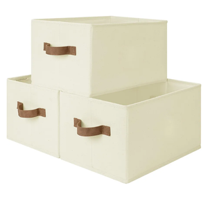 StorageWorks Storage Baskets for Shelves, Foldable Fabric Closet Storage Bins with PU Handles, Fabric Storage Bins Clothes Organizer, Ivory White, 3-Pack, Large