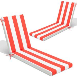 Crestlive Outdoor Chaise Lounge Cushions, 3 Years Fade Resistant Water Resistant Lounge Chair Cushion, 72''L x 21''W, Set of 2, Red Cabana Stripe