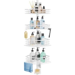 Consumest Corner Shower Caddy Tension Pole - Rustproof Shower Shelves with Towel Bar & Soap Holder, Adjustable Bath Organizer for Bathroom Storage, 27.6-108.3 inch, White