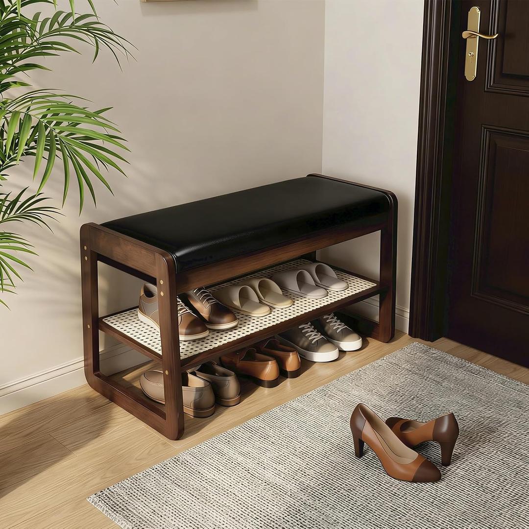 Shoe Rack Bench 2 Tier 27.6'' Bamboo Entryway Bench with Cushion and Hidden Storage Hold up to 300 lb Shoe Organizer for Hallway, Closet, Front Door Entrance, Foyer, Living Room, Bedroom (Black), 27.6"L x 11.8"W x 15.6"H