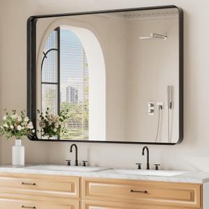 Koonmi Black Bathroom Mirror for Wall, 36x48 Inch Matte Metal Deep Framed Rounded Rectangle Wall Mirror for over Sink, Shatterproof Tempered Glass Mirrors for Bathroom, Hang Vertically or Horizontally