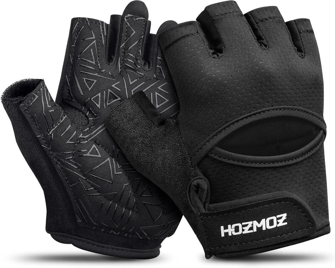 HOZMOZ Ventilated Weight Lifting Gloves, Thick Padded Workout Gym Gloves with Full Palm Protection & Grip & Shock Absorption for Women & Men's Fitness Exercise Training (Black, M)