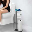 Toilet Paper Holder Stand with Phone Shelf, Rustproof Free Standing Toilet Paper Stand for 4 Rolls, Toilet Roll Dispenser Storages for Phones, Wipe, Wallet and Small Items, Black