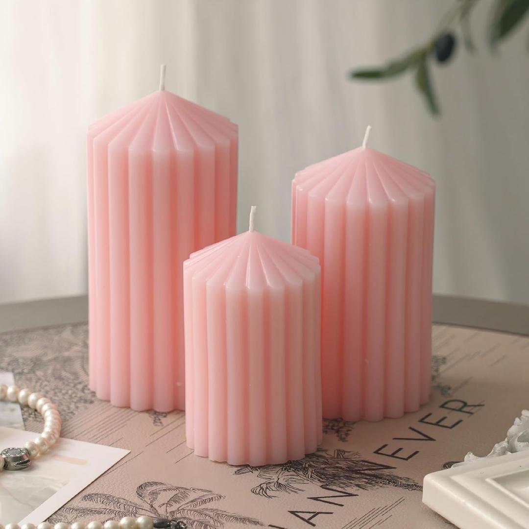 3 Pack Pink Ribbed Pillar Candles - Soy Wax Unscented Candles, 2.76x4.2/4.9/5.9 Inch Smokeless Non Toxic Cotton Wick, Perfect Spring Pillar Candles for Home Decor, Bathroom, Spa & Wedding