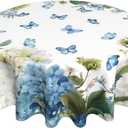 Spring Round Tablecloths 70 Inches Blue Hydrangea Butterfly Floral Decorative Round Tablecloth Summer Flower Washable Reusable Circle Table Cover for Home Kitchen Dining Room Party Outdoor