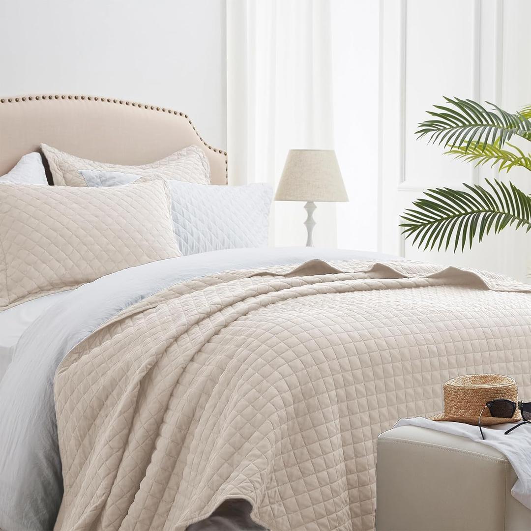 SunStyle Home Quilt Set Queen Beige Lightweight Bedspread Full Soft Reversible Coverlet for All Season 3pcs Diamond Quilted Bedding Sets (1 Quilt 2 Pillow Shams)(90"x96")