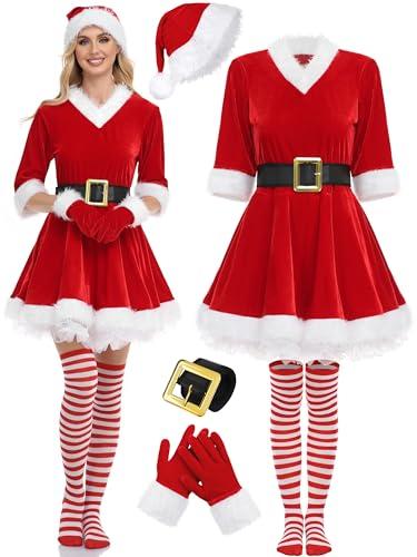 SOMSOC 5 Pack Women Mrs Claus Christmas Costume Set Velvet Dress with Belt Striped Over Knee High Socks Santa Hat Gloves 2XL