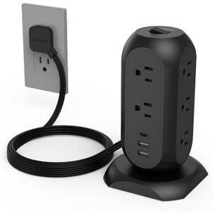 TESSAN Tower Power Strip Flat Plug with 11 Outlets 3 USB (1 USB C), Surge Protector Tower 1625W/13A,1050J Protection, 6 Feet Extension Cord with Multiple Outlets, Dorm, Office Desk Supplies, Black