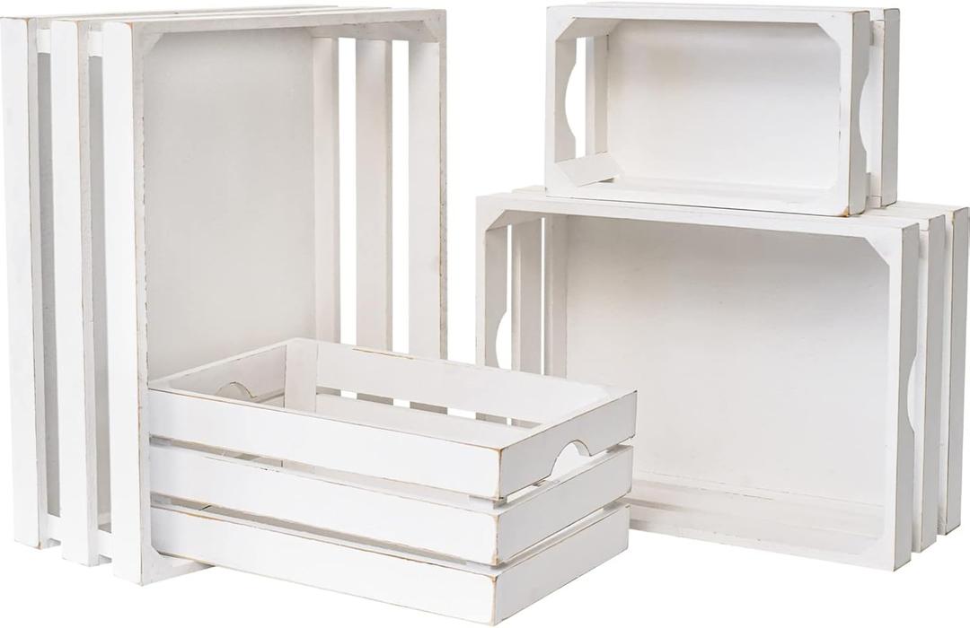 Set of 4 Large Wooden Crates Decorative, Whitewashed Nesting Wooden Crates for Display Rustic, Farmhouse Wooden Storage Container Boxes Made from 100% Wood
