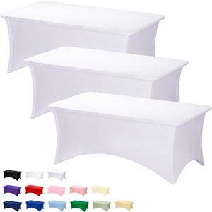 Fixwal 3 Pack White Table Cloths Rectangle 6FT, Tablecloths Rectangular Stretch Spandex Fitted Table Covers 6FT for Party, Trade Show, Banquet, Wedding, Buffet, Graduation Decoration