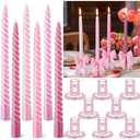 Teenyyou 16 Set 10 Inch Valentine Galentines Pink Spiral Taper Candle Set Including 8 Pcs Coquette Candles Party Supplies and 8 Pcs Coquette Bow Glass Candlestick Holders for Valentines Dinner Wedding