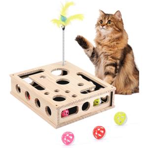 Cat Toys for Indoor Cats - Interactive Box Puzzle Toy Nail File Scratcher Hunting Play Toy with 3 Jingle Balls & 1 Feather Wand, Wooden Puzzle Treat Toy Box Energize Cat Instincts for Bored Cats