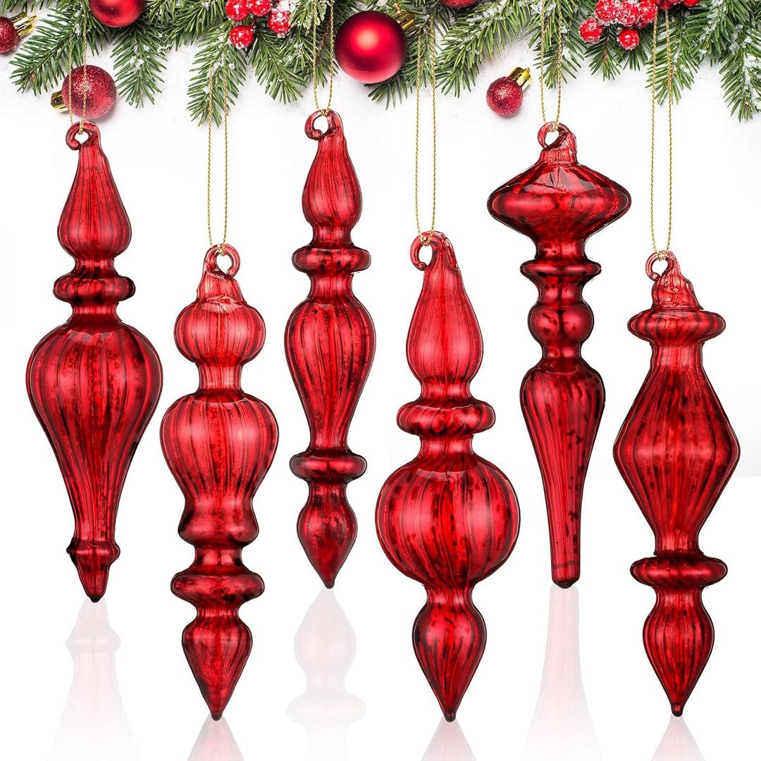 Liliful 6 Pcs 6.3 Inch Burgundy Red Mercury Glass Finial Christmas Hanging Finials Ornaments Assorted Mercury Glass Decor for Christmas Xmas Tree Vintage Holiday Decoration