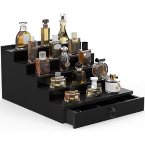 Cologne Organizer for Men, 5 Tier Black Cologne Shelf, Perfume Stand with Drawer and Hidden Compartment Perfume Display Holder - A Gift for Men
