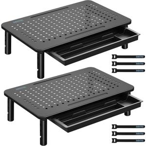 BONTEC 2 Pack Adjustable Monitor Stand Riser with Drawer, Ergonomic Mesh Platform for Laptop, PC, iMac, Printer, Supports up to 44 lbs/20kg with Cable Management Included