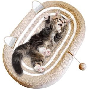 Cat Scratcher Bed 3 in 1 Sisal Cat Scratching Board for Indoor Oval Cat Scratch Pad Durable Scratching Lounge Bed Round Bowl with Toy Balls for Cats Kitten Puppy (24"x15.7"x3.5")