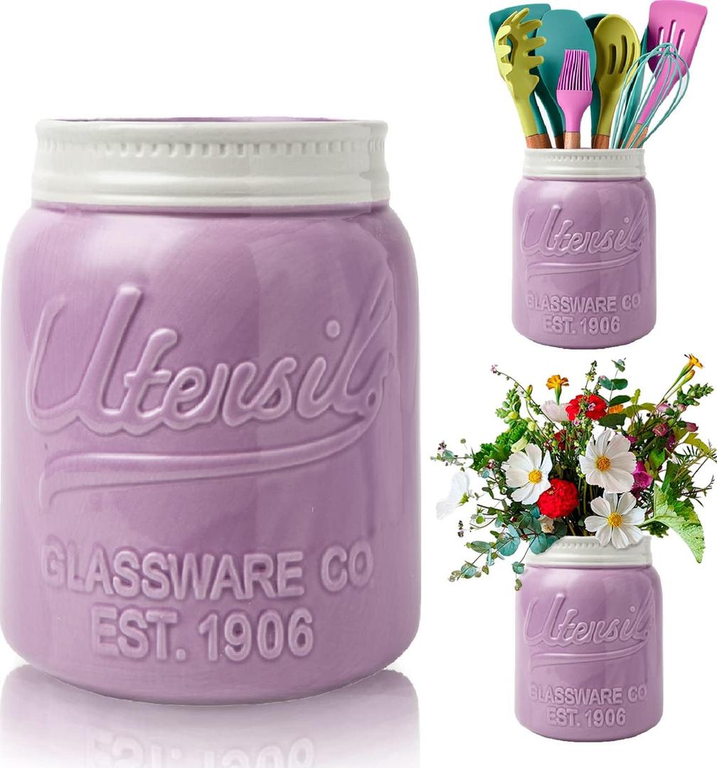 Comfify Wide Mouth Mason Jar Utensil Holder Decorative Kitchenware Organizer Crock, Dishwasher Safe - Kitchen Caddy Purple, Large Size 7" Hight