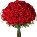 30PCS Long Stem Artificial Red Roses with 2PCS Baby's Breath, Fake Velvet Silk Rose Bulk Faux Flower for Wedding Home Decor Valentine's Day Party Floral Arrangement