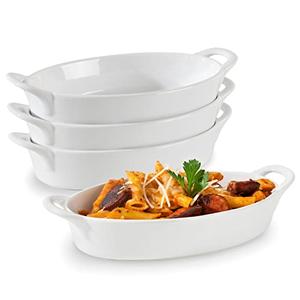 Oval Au Gratin Baking Dishes for Oven Safe and Microwave Cooking and Baking, 4 Pc. Set, Heat Resistant Ceramic with Handles for Serving, Small Mini Casserole Dish, 9" x 5", 16 oz, White