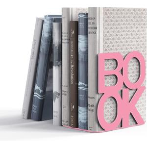 Book Ends - Decorative Metal Book Ends Supports for Bookrack Desk,Books, Unique Appearance Design,Heavy Duty (Pink, 4 Pair)