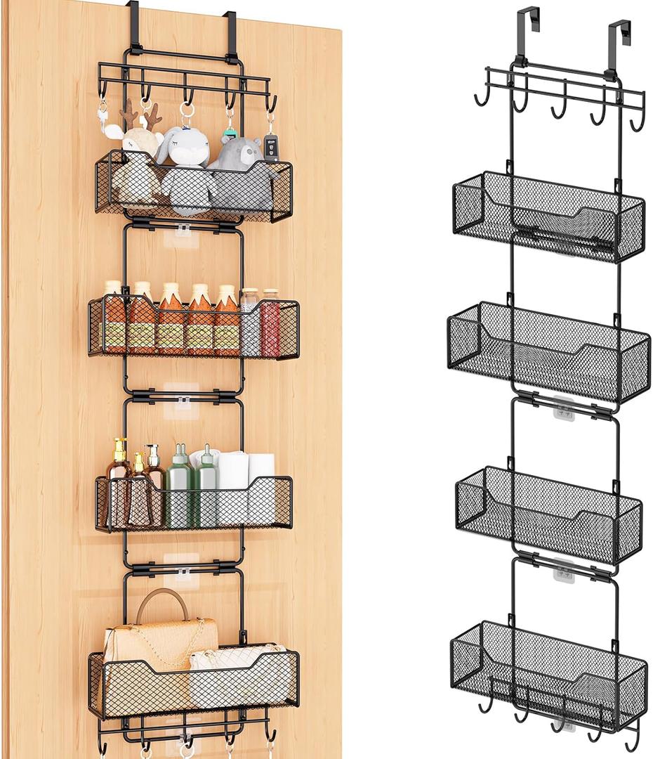 Over The Door Organizer, Adjustable Hanging Door Organizer Storage with 4-Tier Metal Large Capacity Baskets and 10 Hooks, Over The Door Pantry Organizer for Bathroom, Bedroom, Kitchen, Office