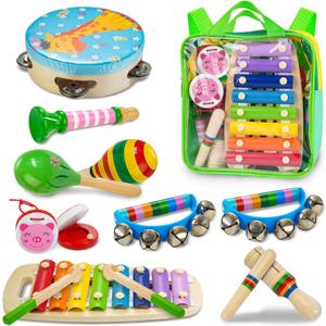 Kids Musical Instruments, 12pcs Wooden Musical Toys for Toddlers 2-4 with Xylophone Maracas Tambourine, Educational Baby Musical Toys Birthday Gift for 2 3 4 5 Years Old Girls Boys
