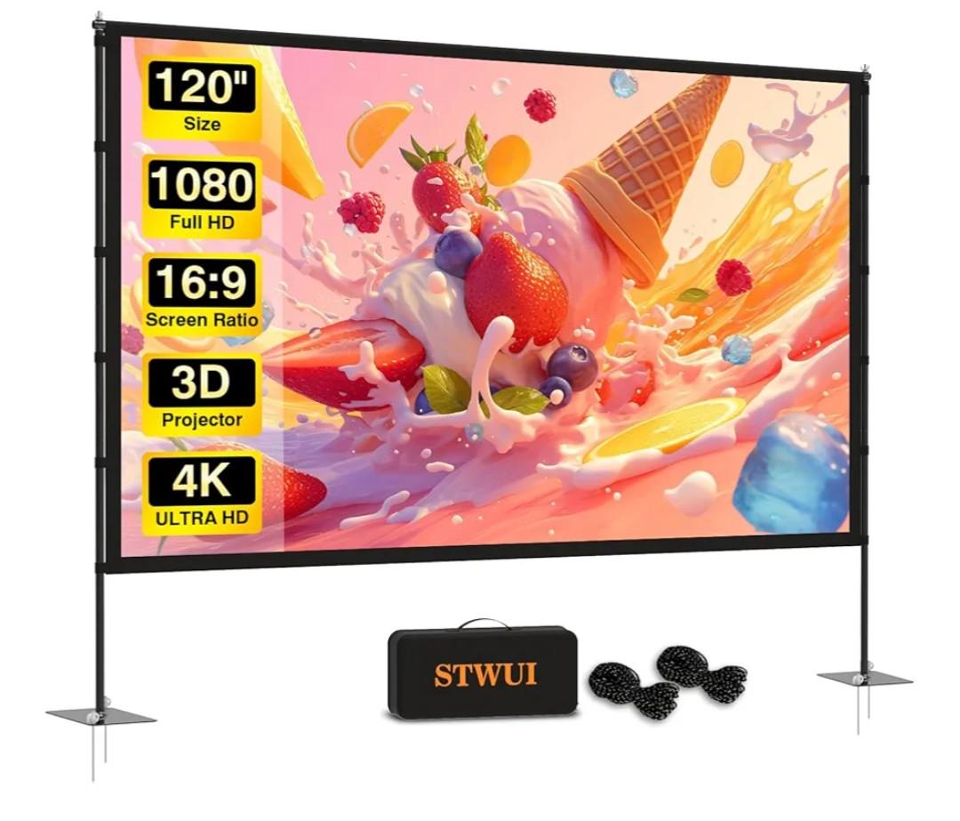 Outdoor-Projector-Screen-with-Stand - 120 inch Portable Projector Screen Indoor Outdoor Projector Screens 16:9 4K HD Lightweight Movie Screen with Carry Bag for Backyard Movie Night