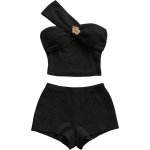 Verdusa Women's 2 Piece Vacation Outfits Textured One Shoulder Crop Tops with Micro Shorts Summer Y2k Clothing Set (Medium, Black)