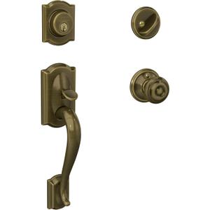 Schlage F60 V CAM 609 GEO Camelot Front Entry Handleset with Georgian Knob, Deadbolt Keyed 1 Side, Antique Brass